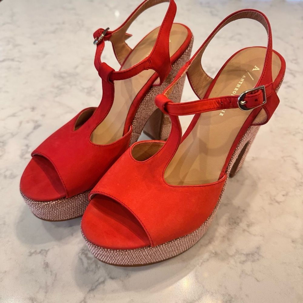 Anthropologie Glitz T-Strap Platform Heels. Red. Size EU 40 US 9